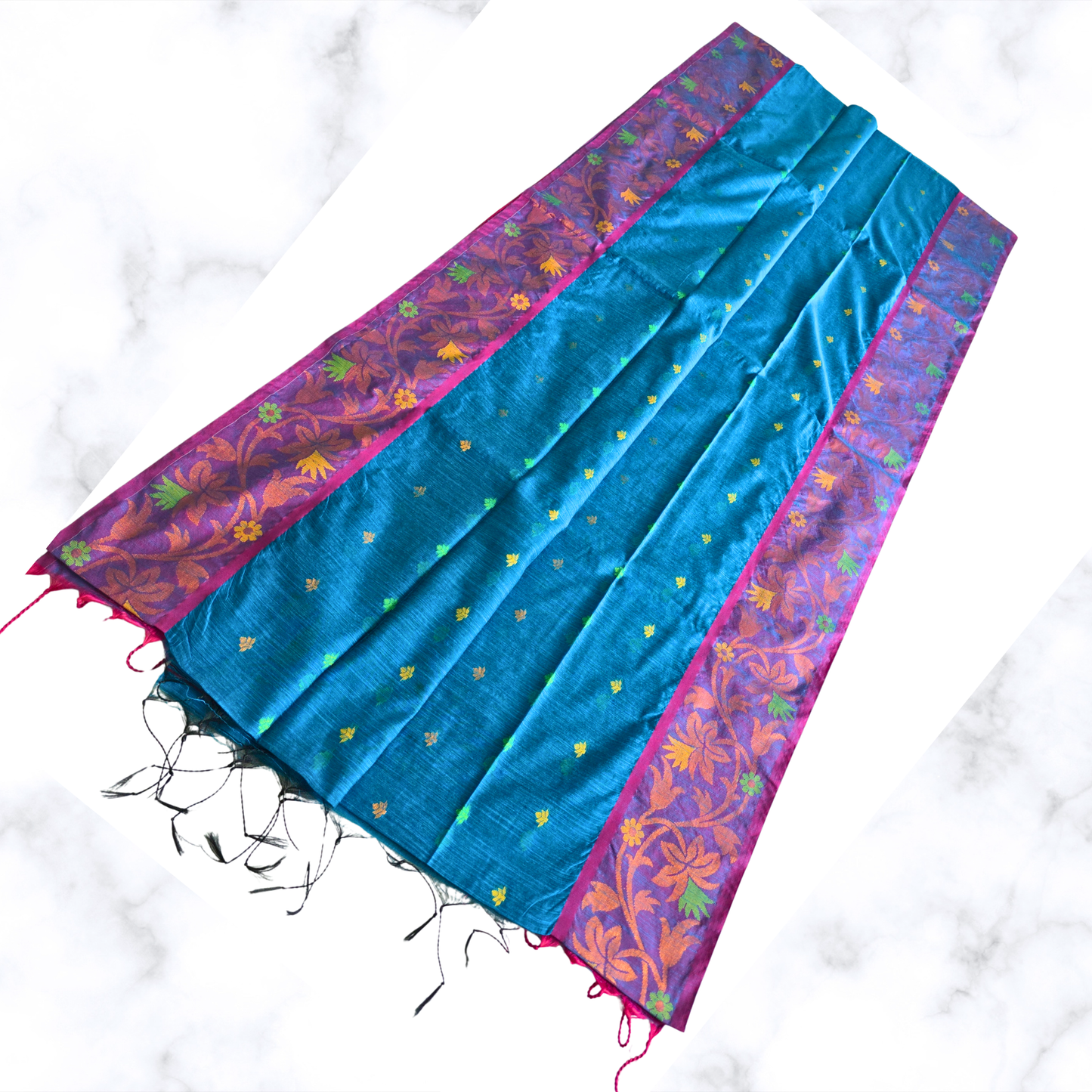 Charming Blue & Pink Handloom Cotton Saree with Floral Zari