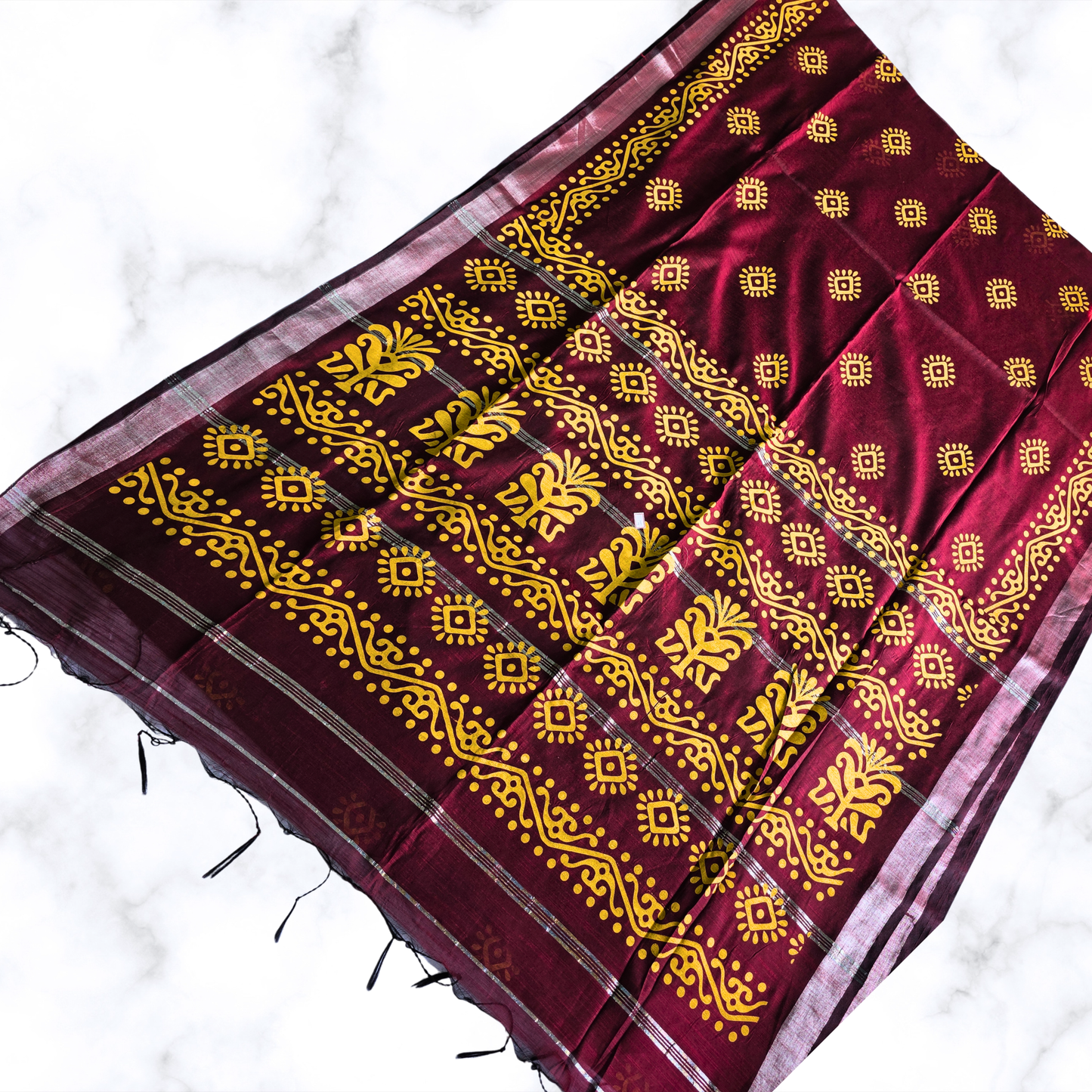 Rich Maroon Printed Slab Cotton Saree: Timeless & Textured
