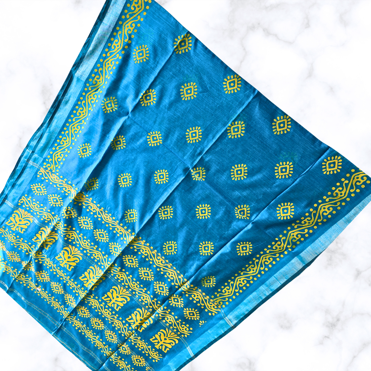 Serene Blue Printed Slab Cotton Saree – Textured Artisanal Grace