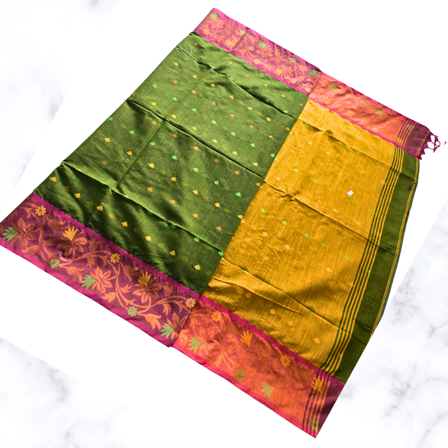 Vibrant Green & Yellow Handloom Cotton Saree with Floral Zari