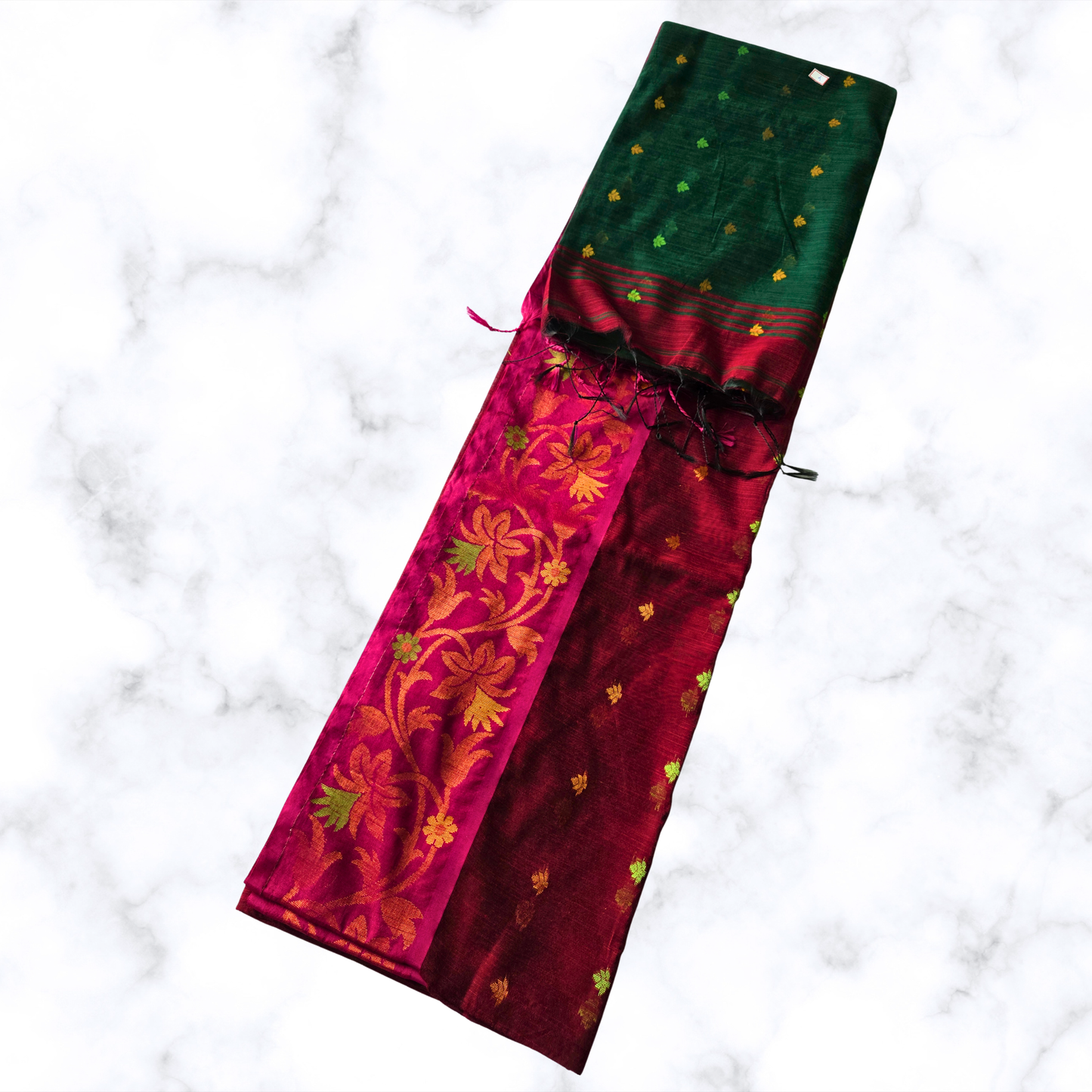 Elegant Maroon & Green Handloom Cotton Saree with Floral Zari