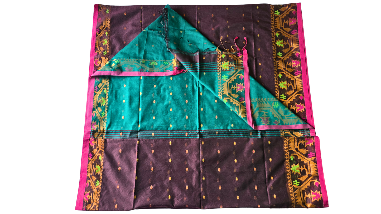 Earthbound Elegance: Brown & Green Handloom Saree with Zari Border