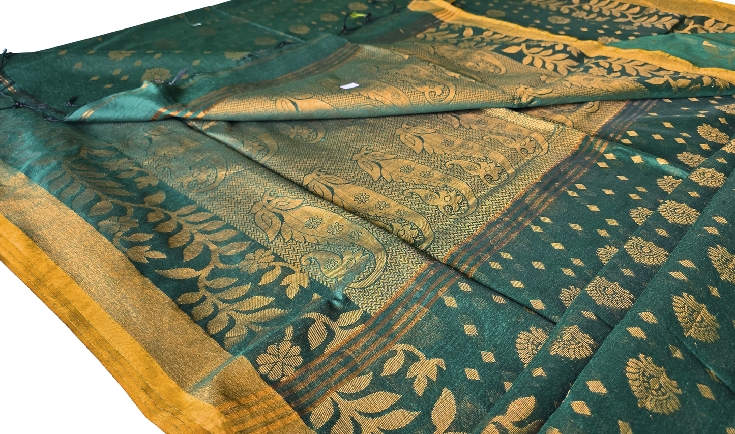 Majestic Green Handloom Banarasi Saree with Golden Floral Zari