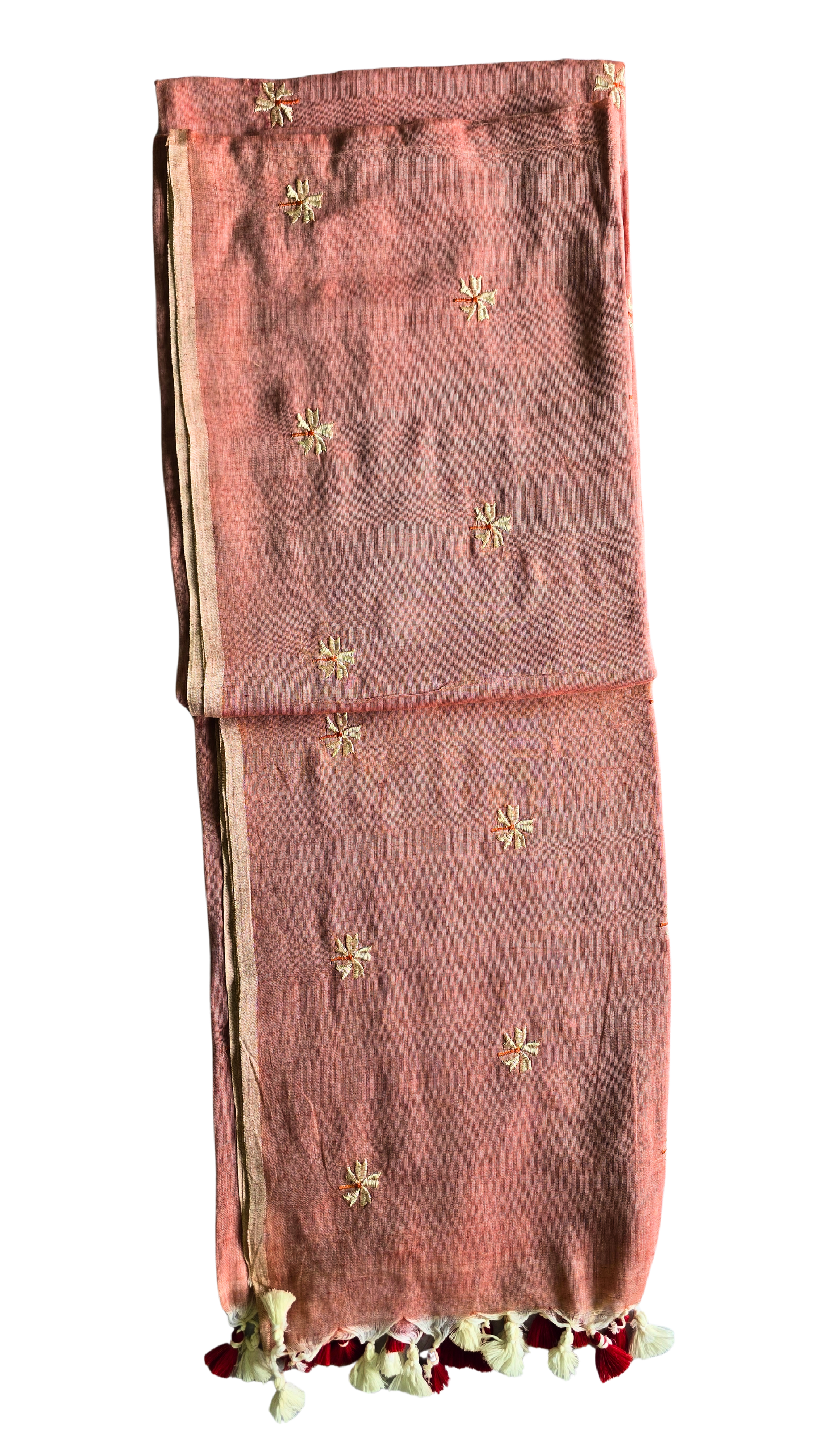 Red Mol Cotton Saree: Soft Grace with Shiuli Flowers