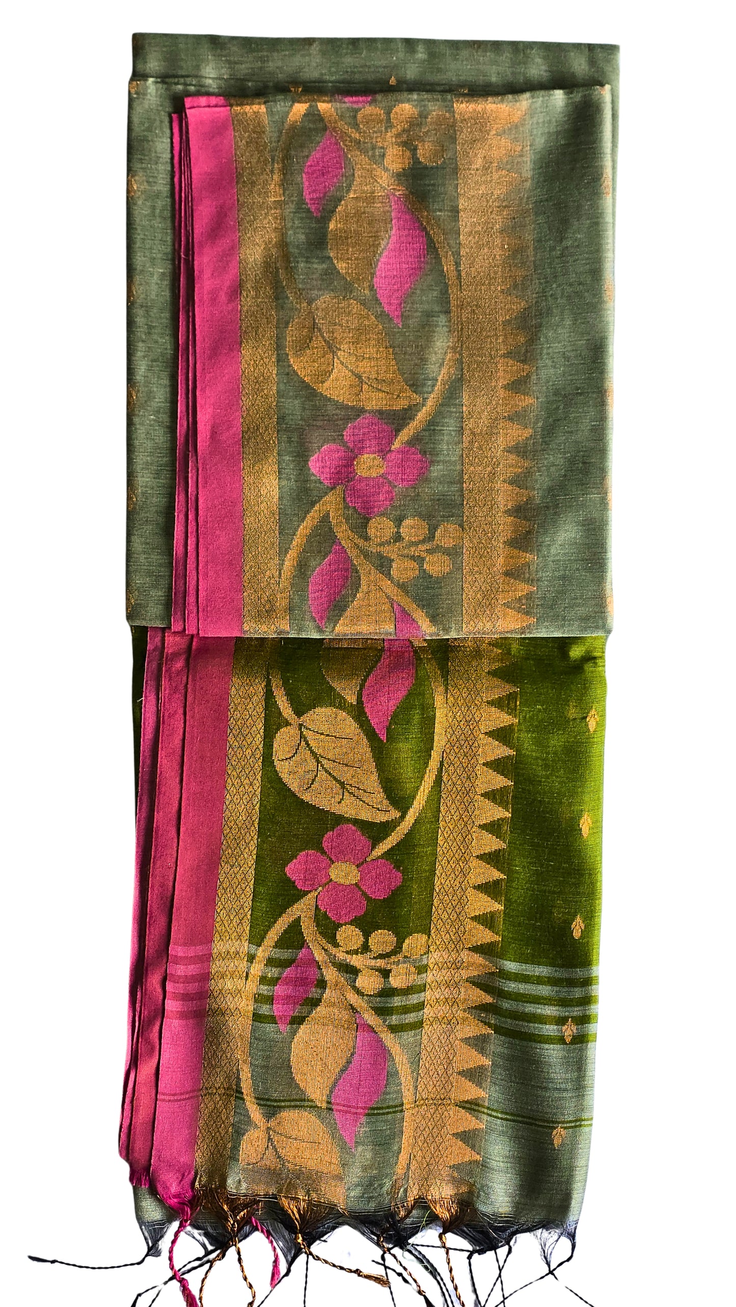 Chic Grey & Green Handloom Saree with Floral Zari Details