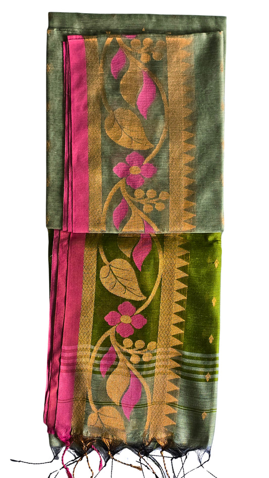 Chic Grey & Green Handloom Saree with Floral Zari Details