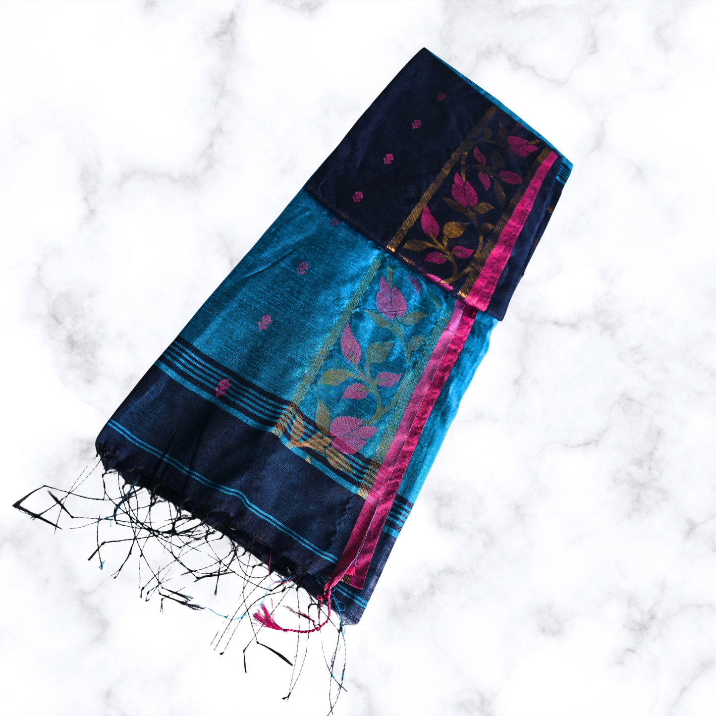 Serene Blue Handloom Cotton Silk Saree with Floral Zari Border