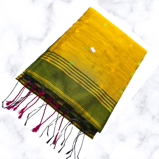 Vibrant Green & Yellow Handloom Cotton Saree with Floral Zari