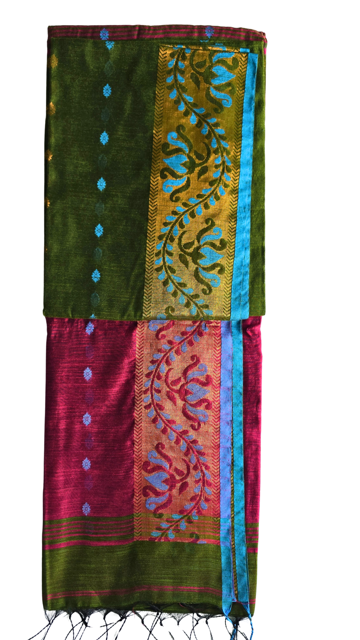 Vibrant Green & Magenta Slab Cotton Saree with Floral Zari