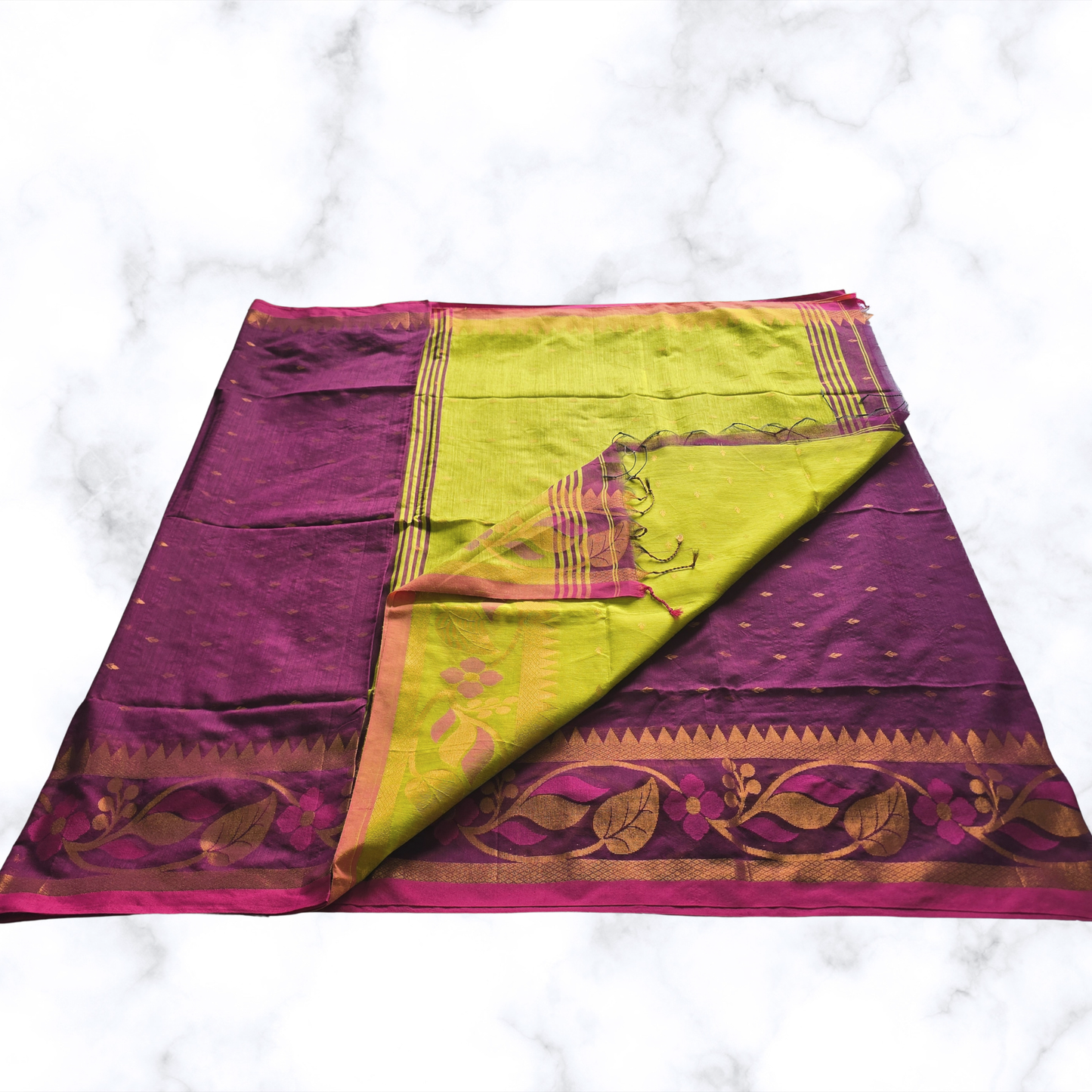 Royal Purple & Green Handloom Saree with Floral Zari Detail