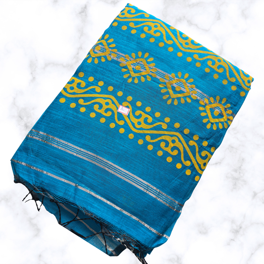 Serene Blue Printed Slab Cotton Saree – Textured Artisanal Grace