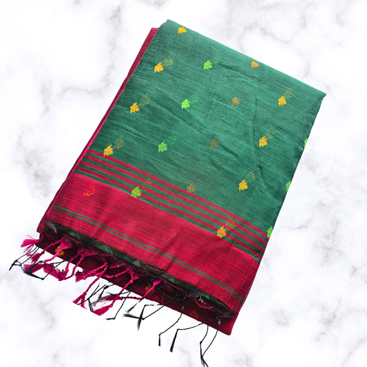 Elegant Maroon & Green Handloom Cotton Saree with Floral Zari
