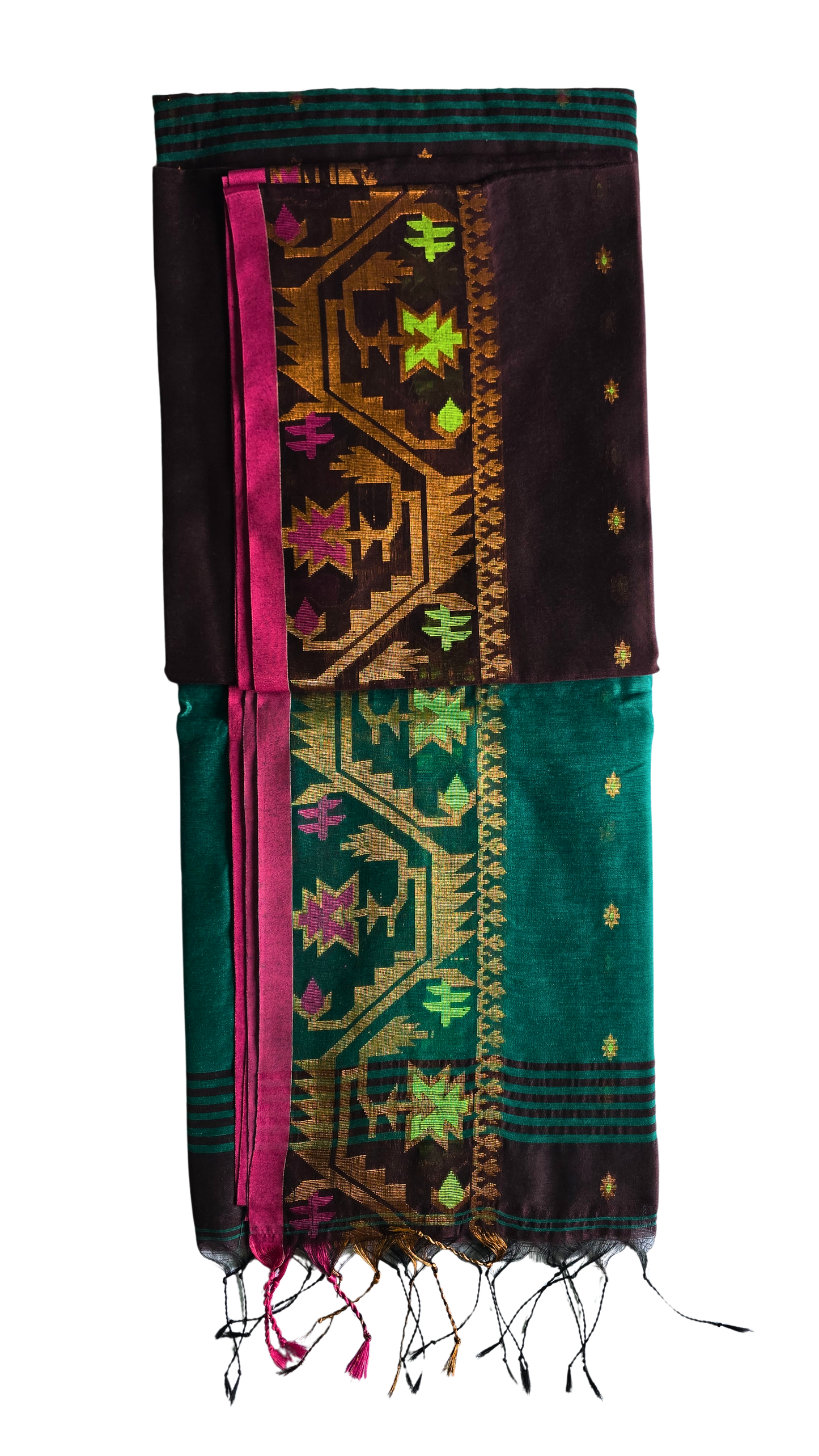 Earthbound Elegance: Brown & Green Handloom Saree with Zari Border