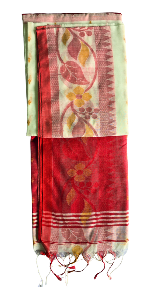 Iconic White & Red Bengali Handloom Saree with Floral Zari