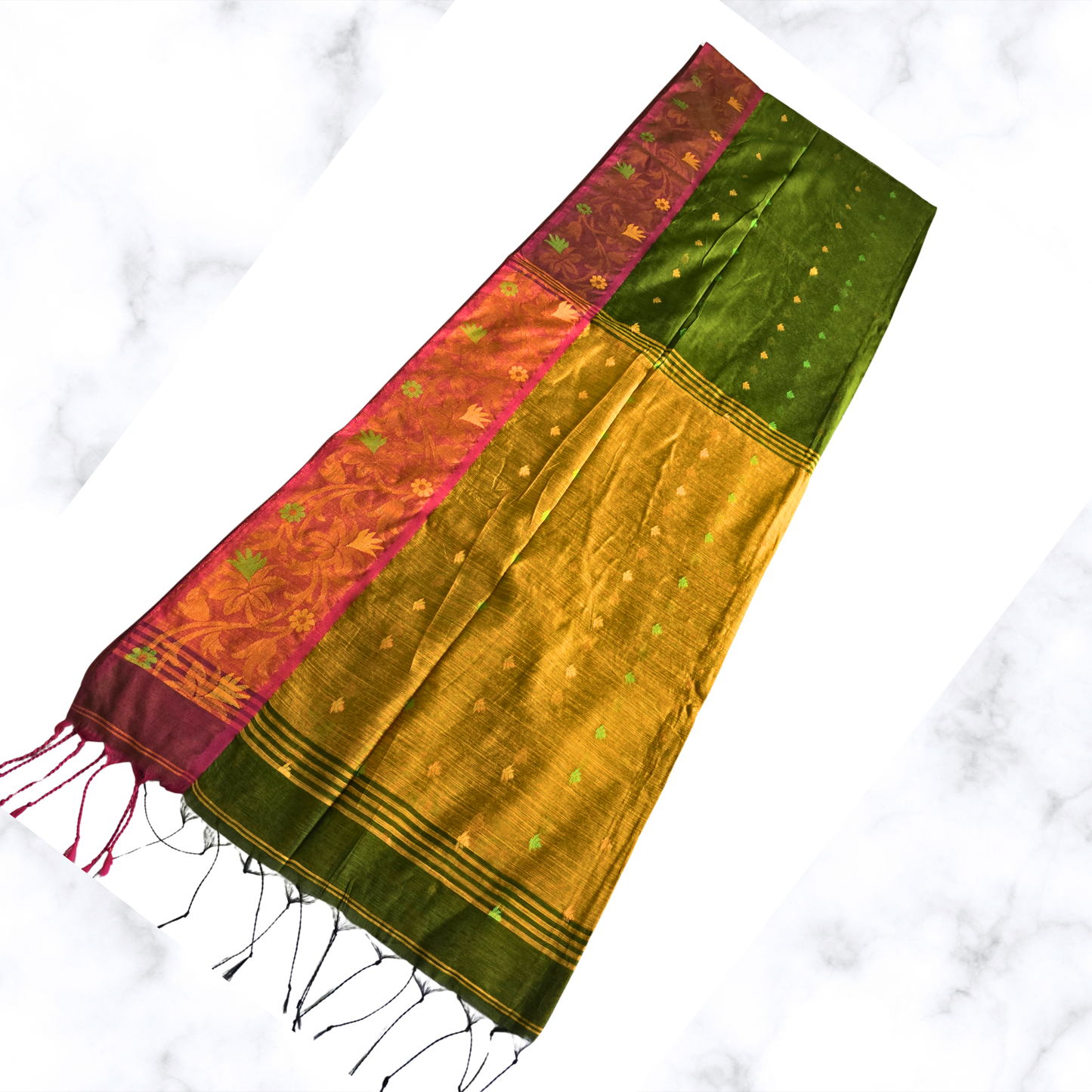 Vibrant Green & Yellow Handloom Cotton Saree with Floral Zari