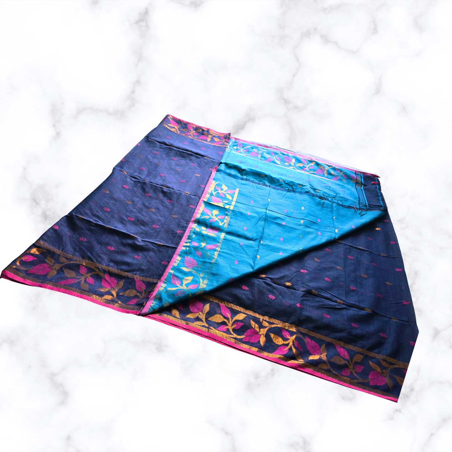 Serene Blue Handloom Cotton Silk Saree with Floral Zari Border