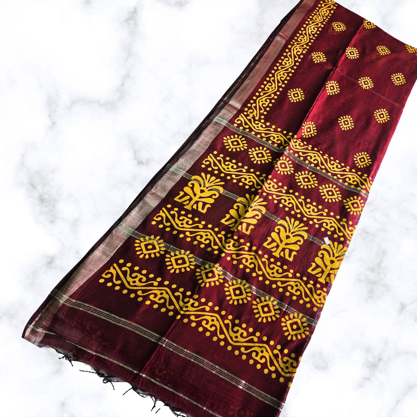 Rich Maroon Printed Slab Cotton Saree: Timeless & Textured