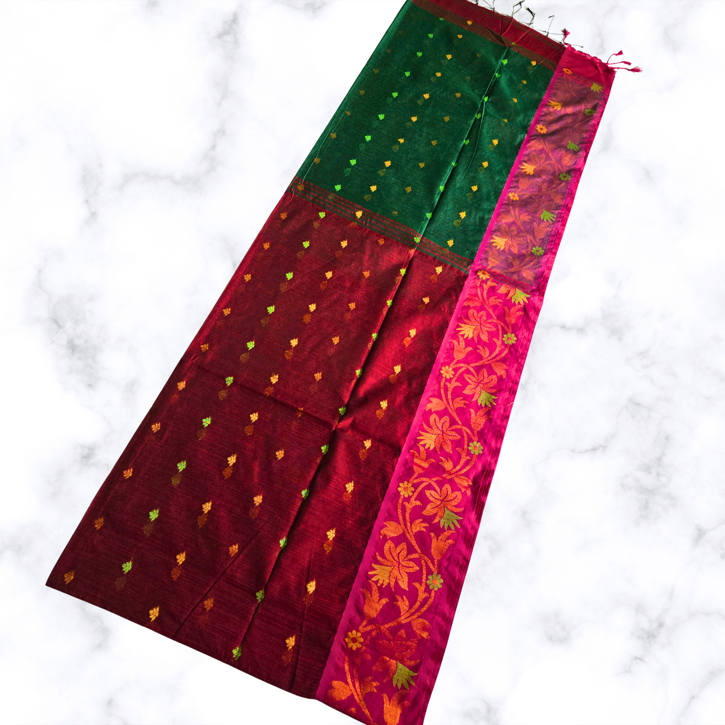 Elegant Maroon & Green Handloom Cotton Saree with Floral Zari