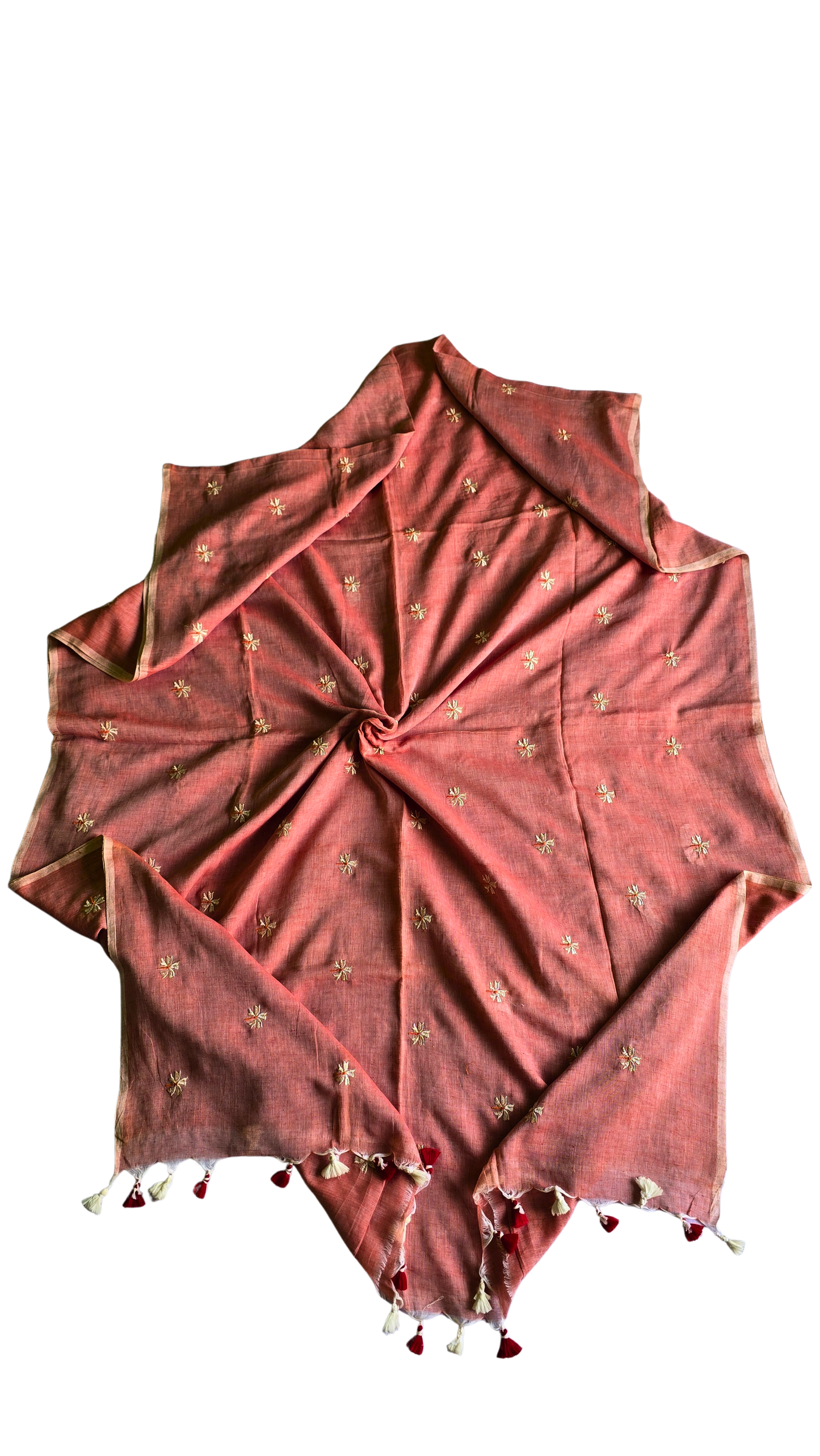 Red Mol Cotton Saree: Soft Grace with Shiuli Flowers
