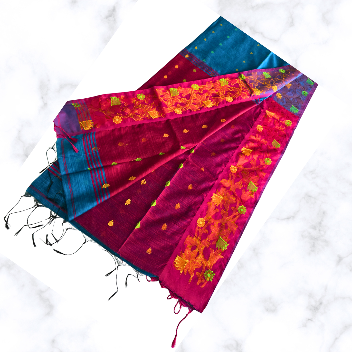 Charming Blue & Pink Handloom Cotton Saree with Floral Zari