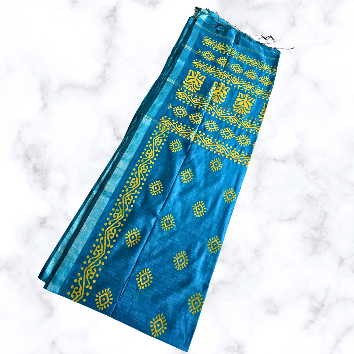 Serene Blue Printed Slab Cotton Saree – Textured Artisanal Grace