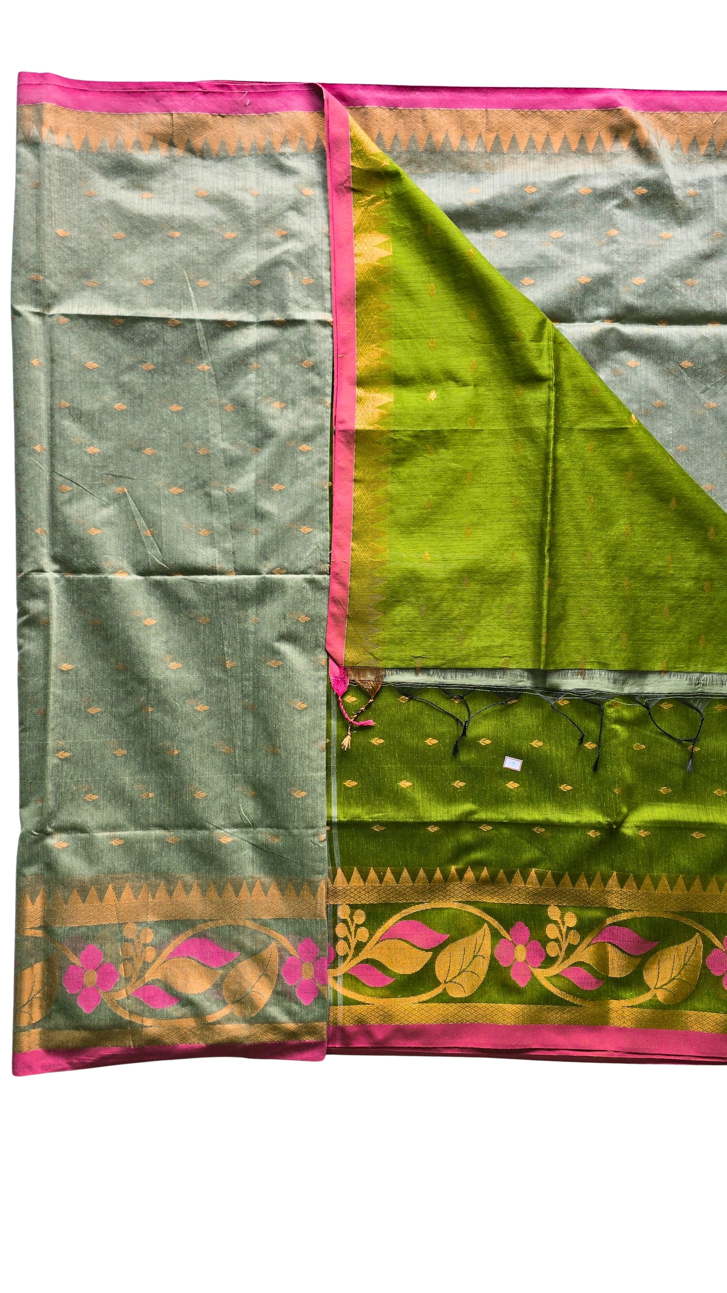 Chic Grey & Green Handloom Saree with Floral Zari Details
