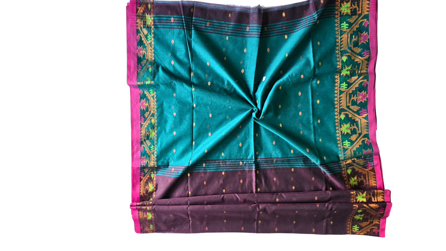 Earthbound Elegance: Brown & Green Handloom Saree with Zari Border