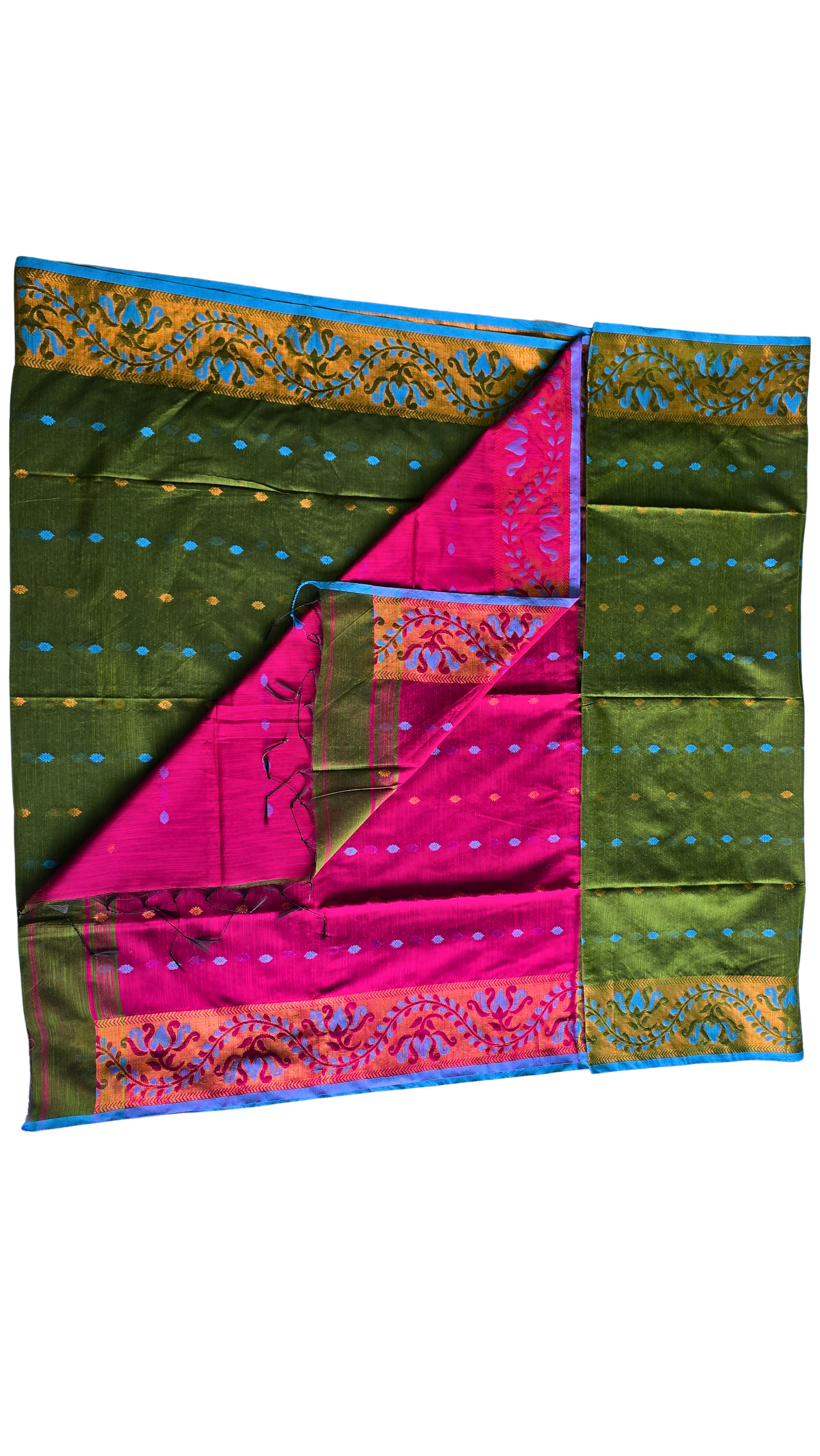 Vibrant Green & Magenta Slab Cotton Saree with Floral Zari