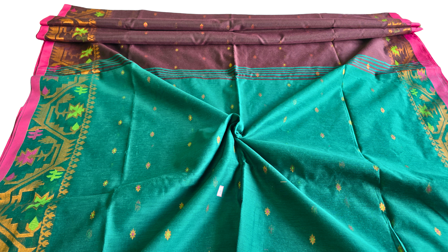 Earthbound Elegance: Brown & Green Handloom Saree with Zari Border