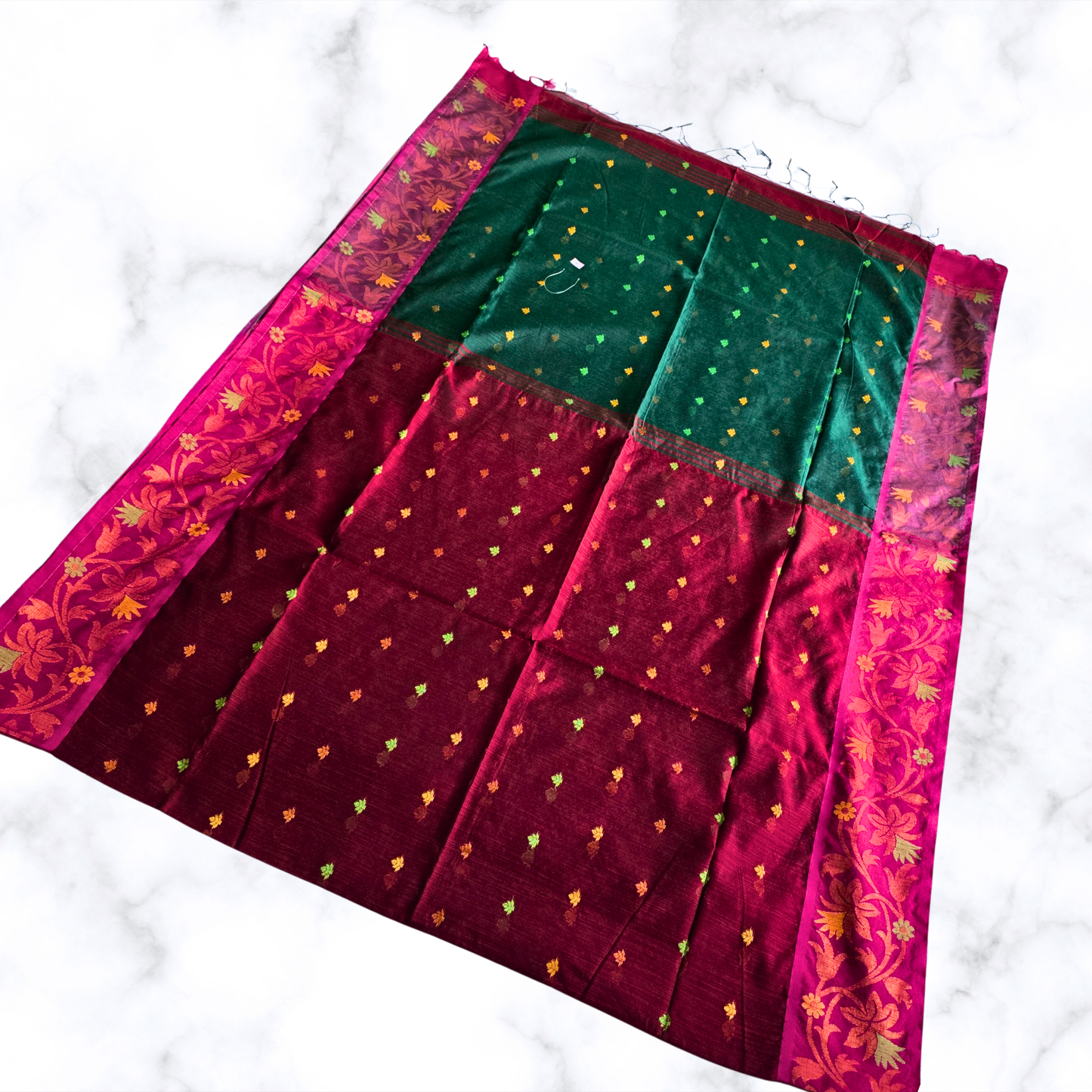 Elegant Maroon & Green Handloom Cotton Saree with Floral Zari