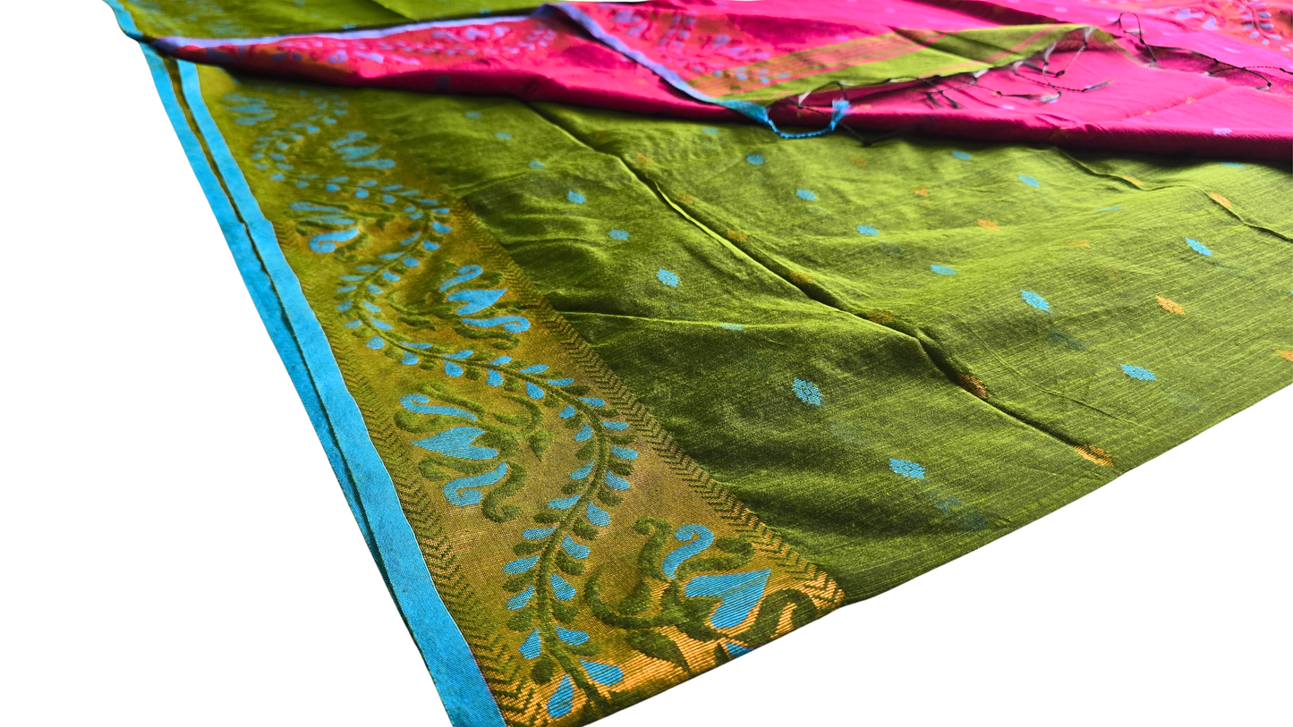 Vibrant Green & Magenta Slab Cotton Saree with Floral Zari