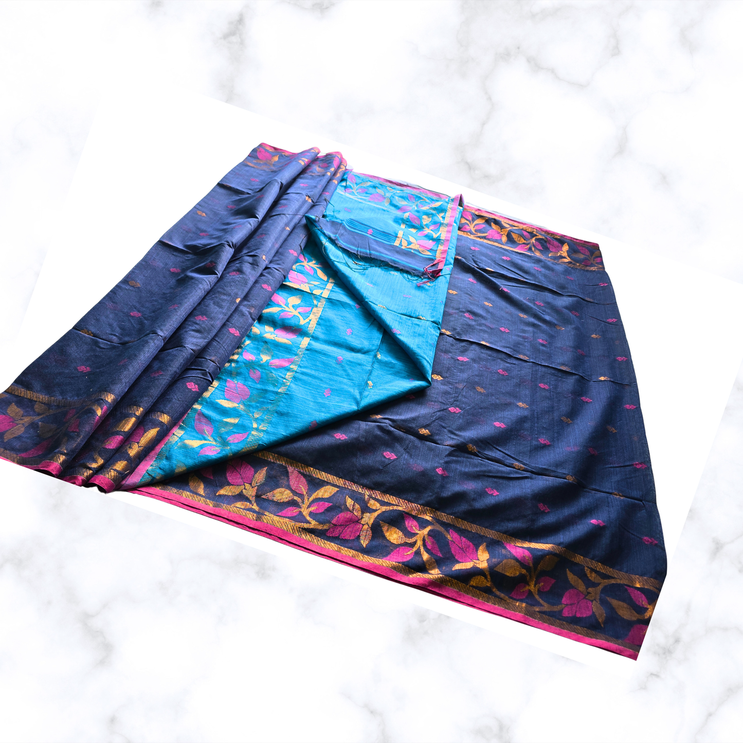 Serene Blue Handloom Cotton Silk Saree with Floral Zari Border