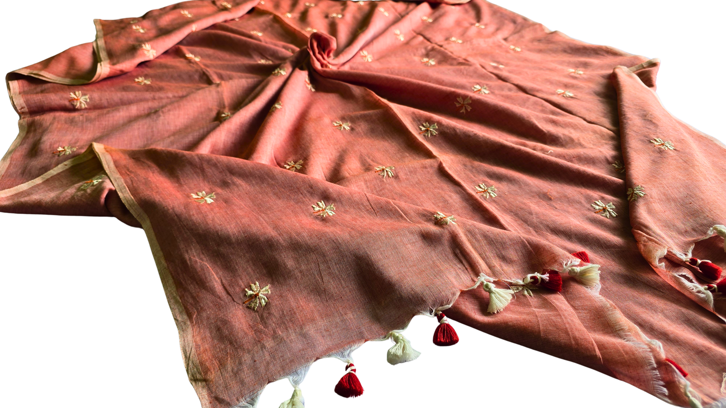 Red Mol Cotton Saree: Soft Grace with Shiuli Flowers