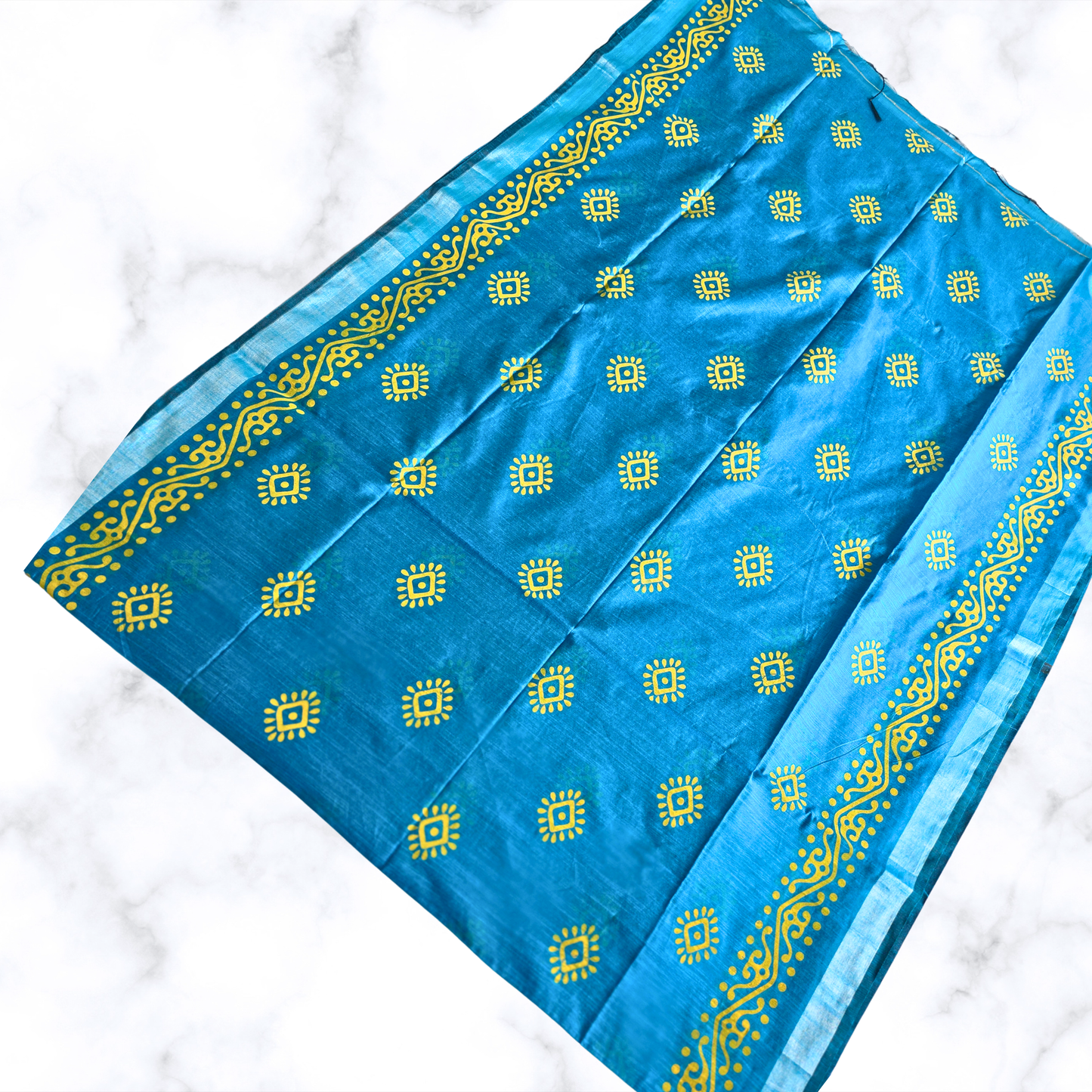 Serene Blue Printed Slab Cotton Saree – Textured Artisanal Grace