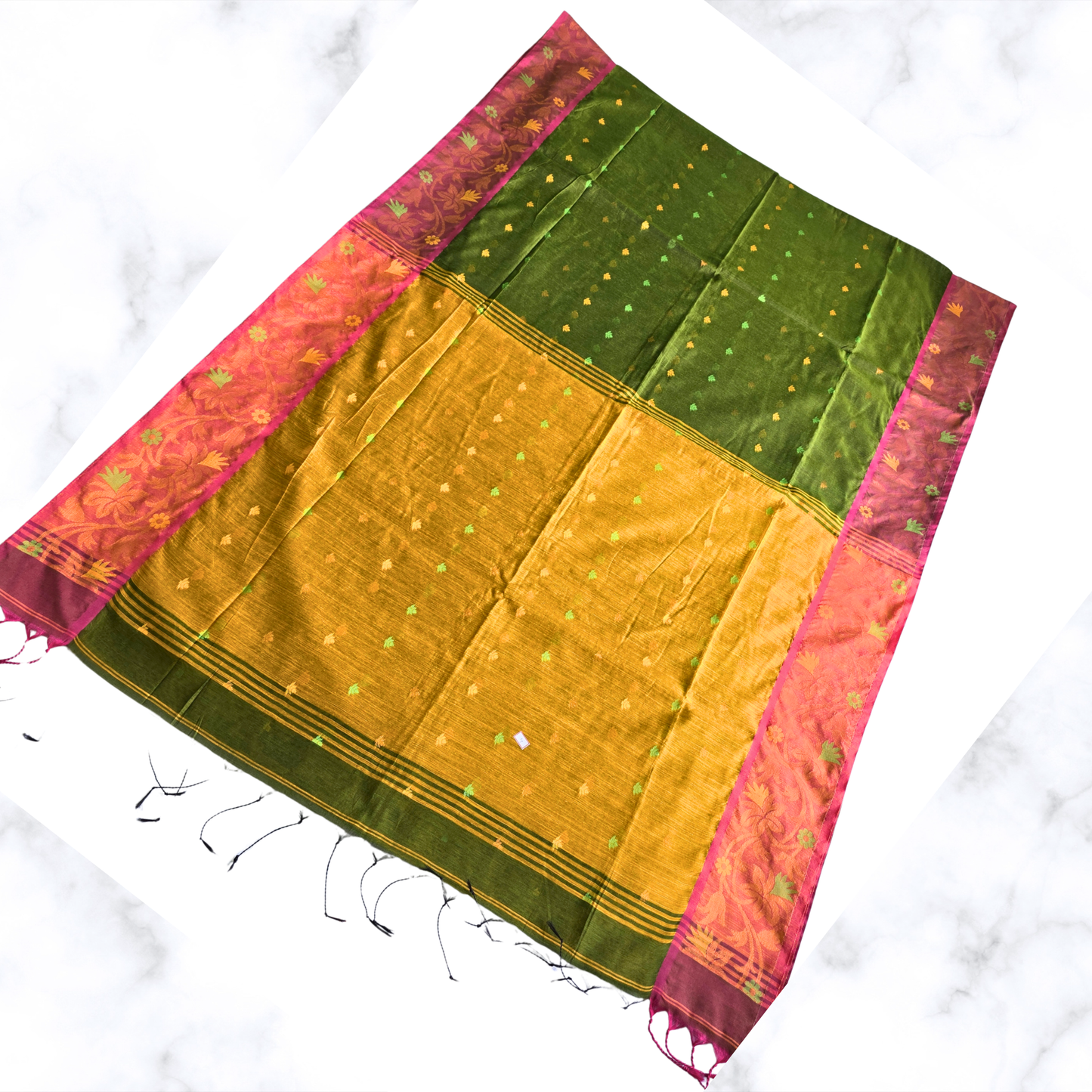 Vibrant Green & Yellow Handloom Cotton Saree with Floral Zari