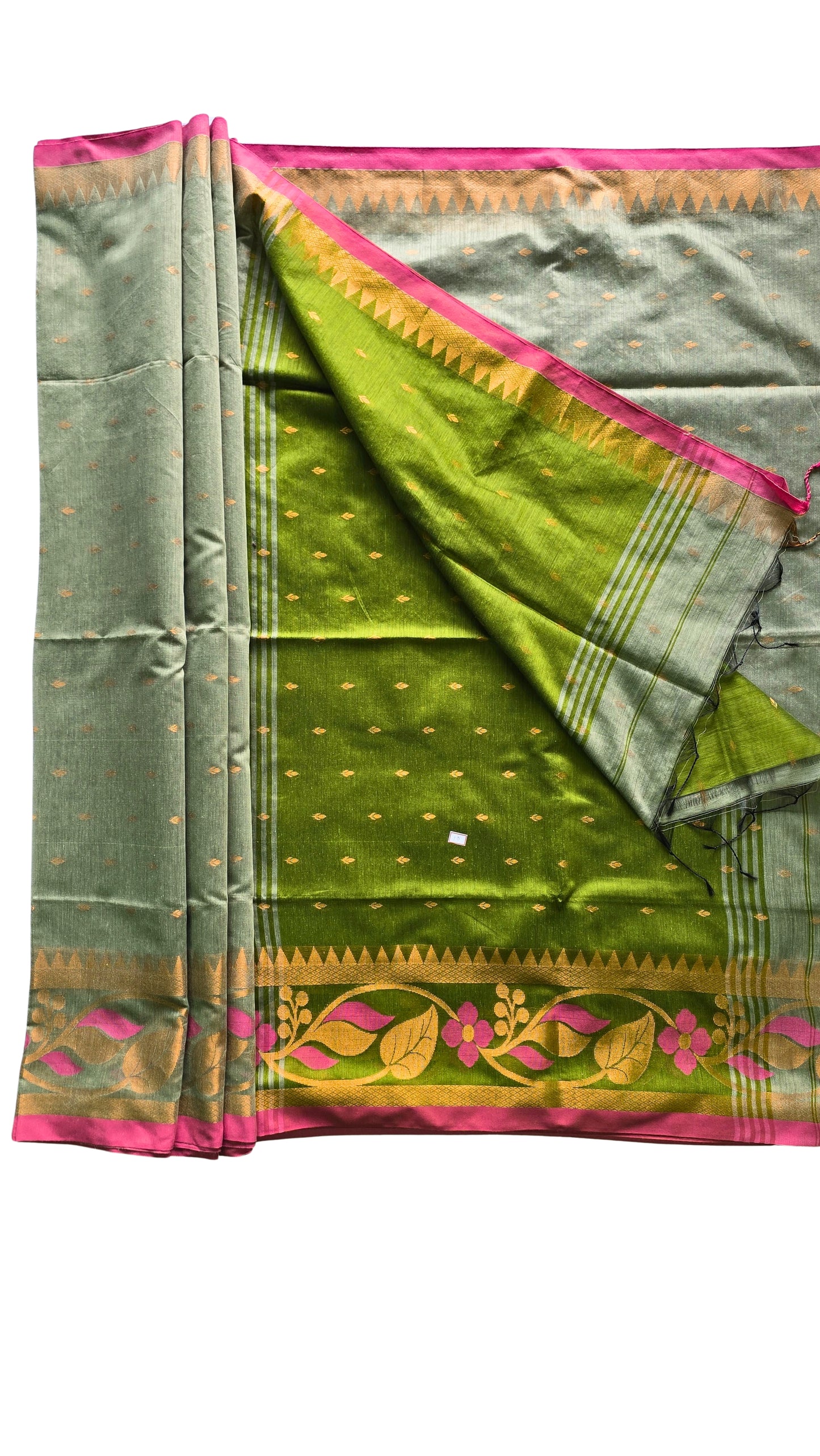 Chic Grey & Green Handloom Saree with Floral Zari Details