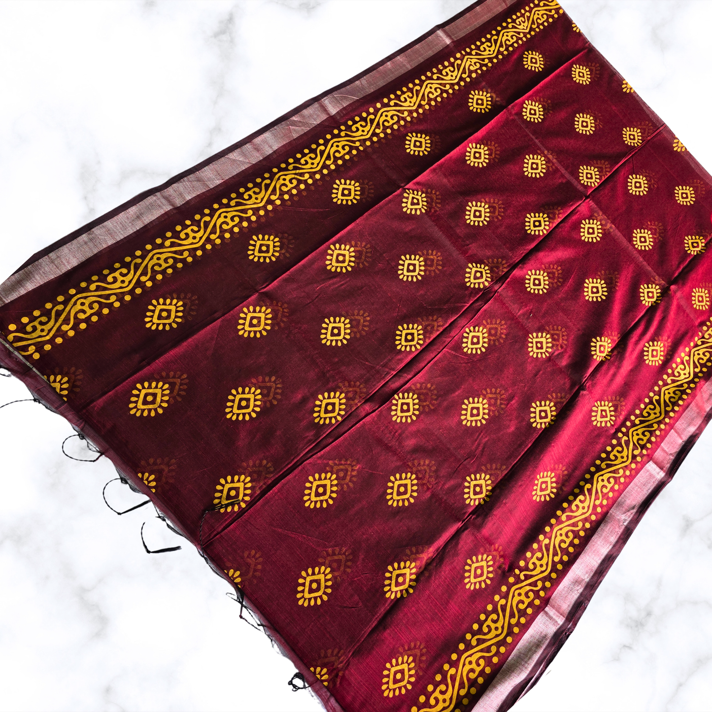 Rich Maroon Printed Slab Cotton Saree: Timeless & Textured