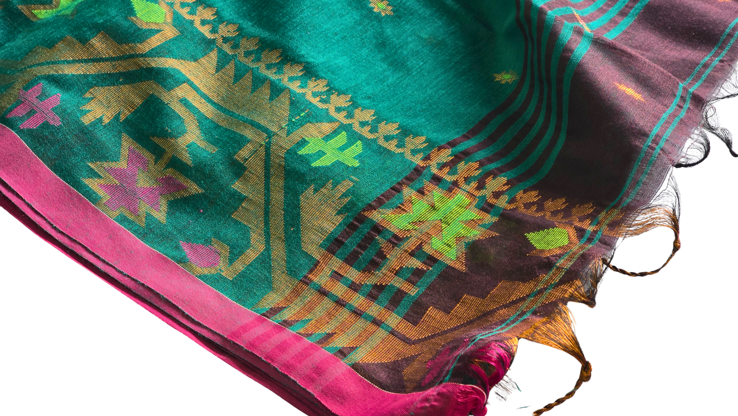 Earthbound Elegance: Brown & Green Handloom Saree with Zari Border