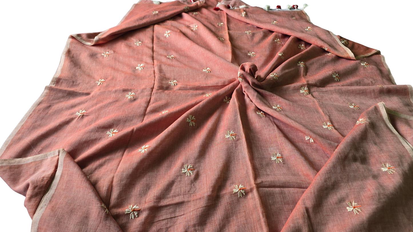 Red Mol Cotton Saree: Soft Grace with Shiuli Flowers
