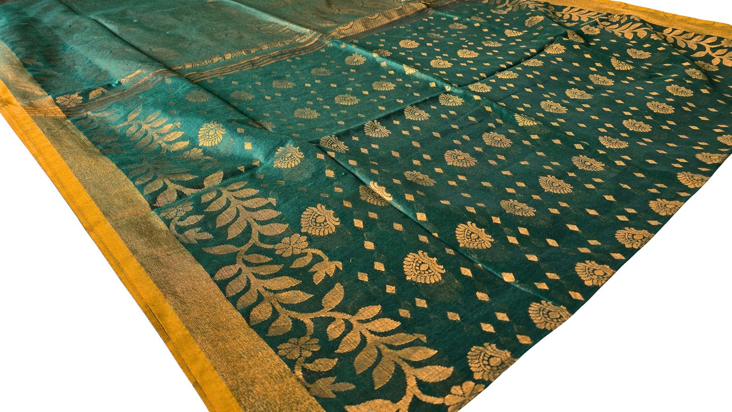 Majestic Green Handloom Banarasi Saree with Golden Floral Zari
