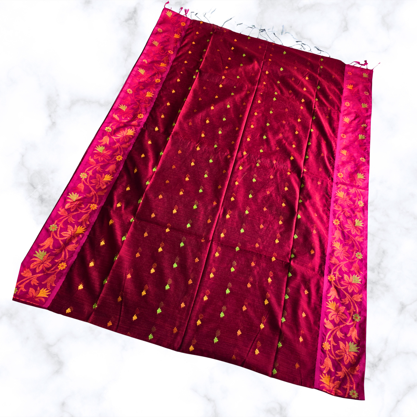 Elegant Maroon & Green Handloom Cotton Saree with Floral Zari