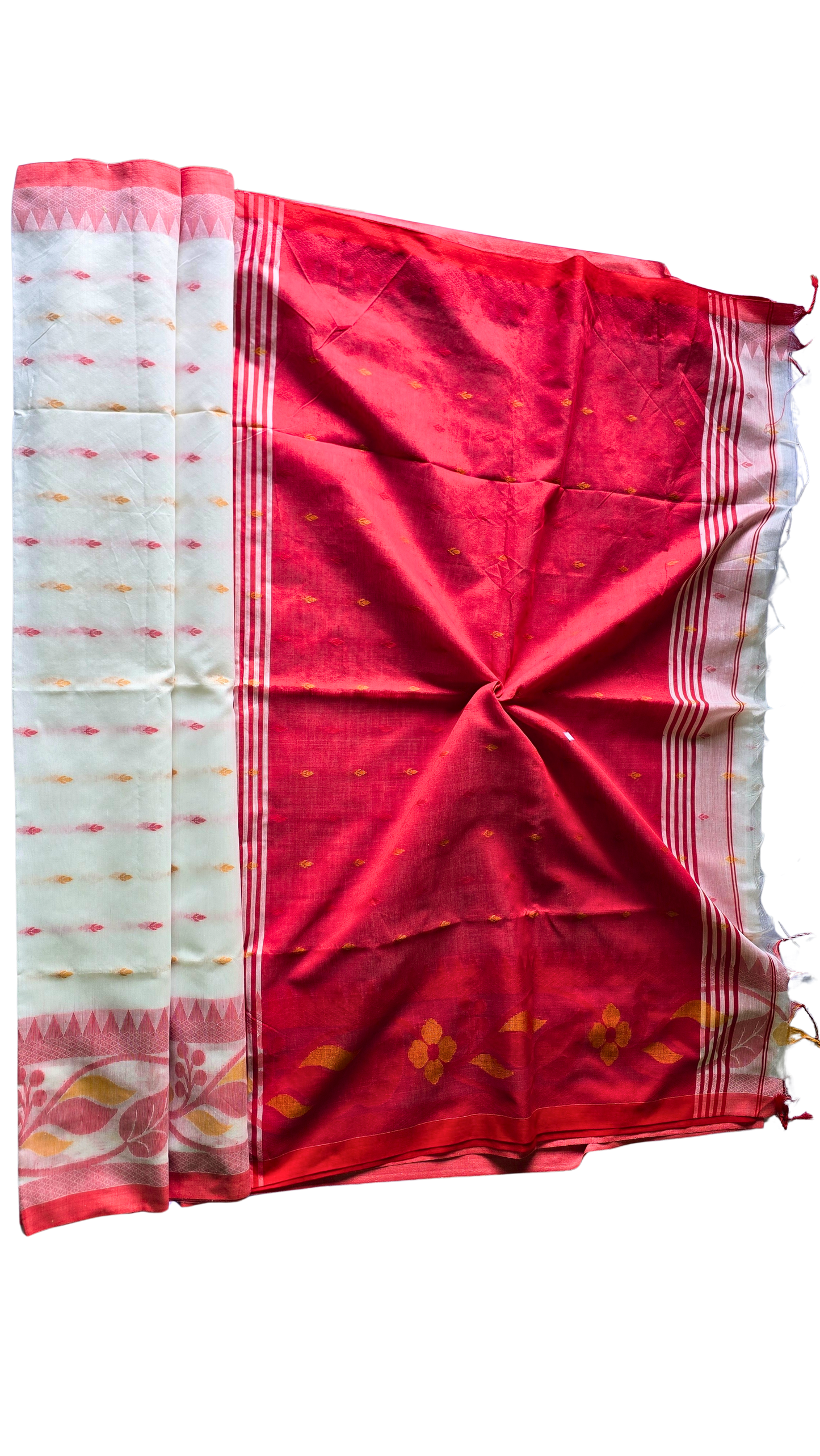 Iconic White & Red Bengali Handloom Saree with Floral Zari