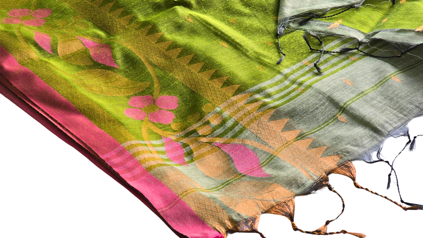 Chic Grey & Green Handloom Saree with Floral Zari Details
