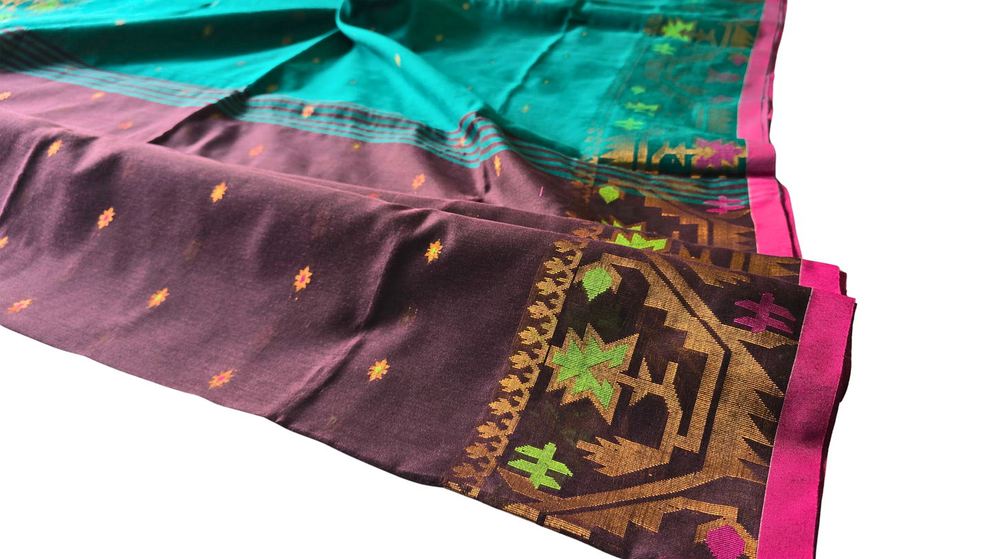Earthbound Elegance: Brown & Green Handloom Saree with Zari Border