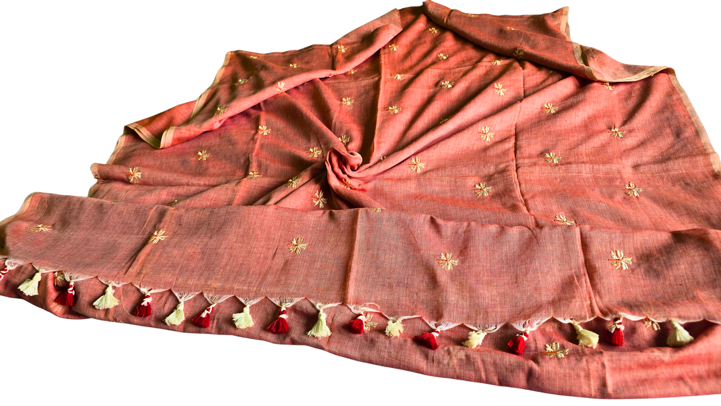 Red Mol Cotton Saree: Soft Grace with Shiuli Flowers