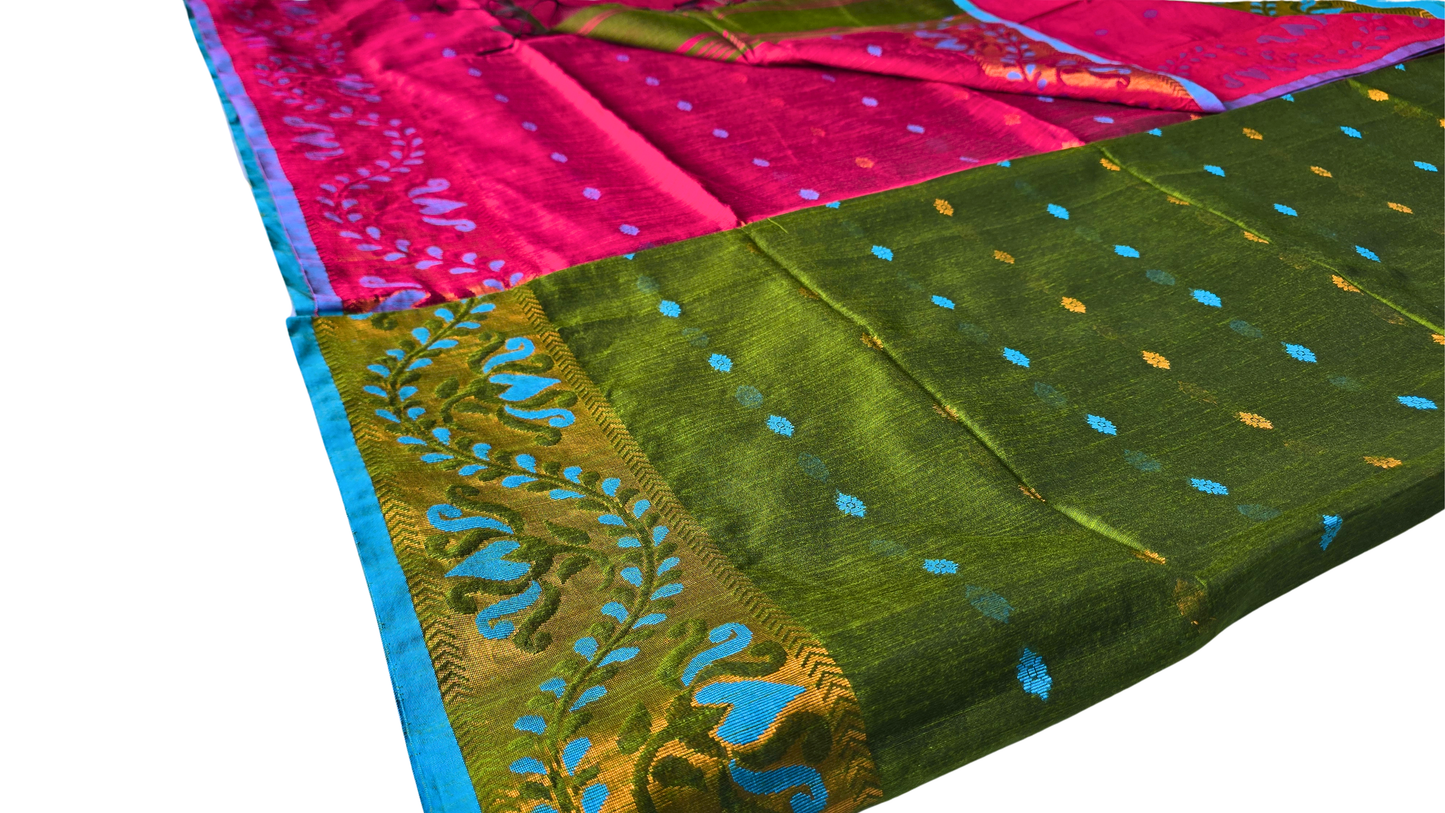 Vibrant Green & Magenta Slab Cotton Saree with Floral Zari
