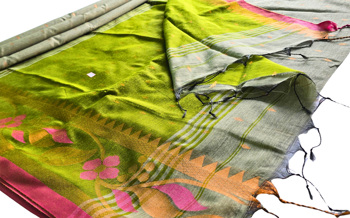 Chic Grey & Green Handloom Saree with Floral Zari Details