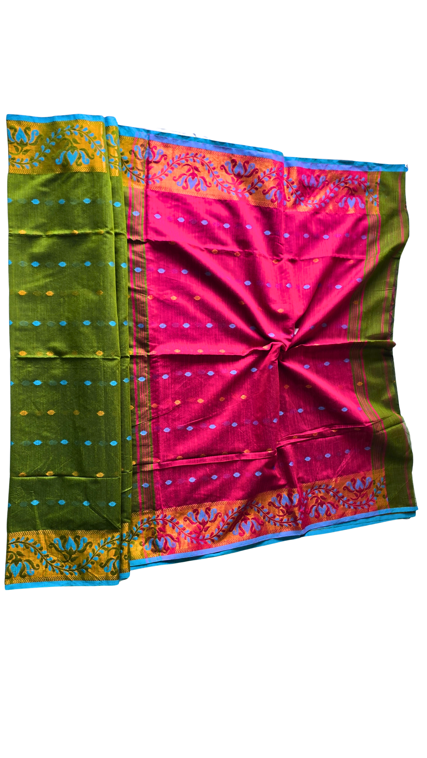 Vibrant Green & Magenta Slab Cotton Saree with Floral Zari