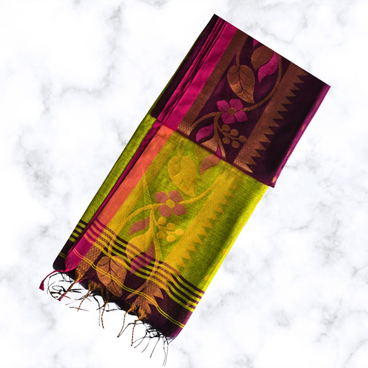 Royal Purple & Green Handloom Saree with Floral Zari Detail