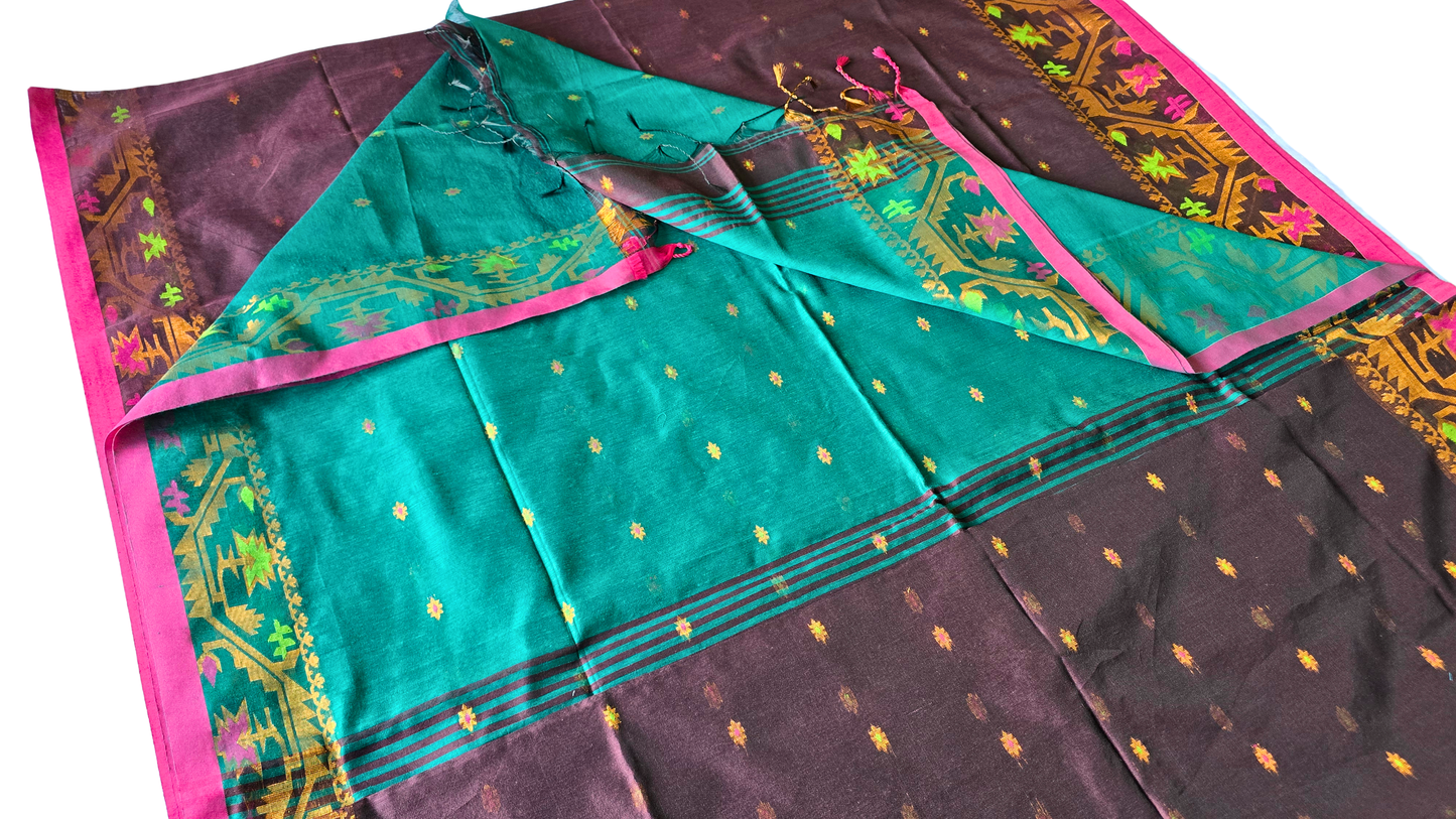 Earthbound Elegance: Brown & Green Handloom Saree with Zari Border